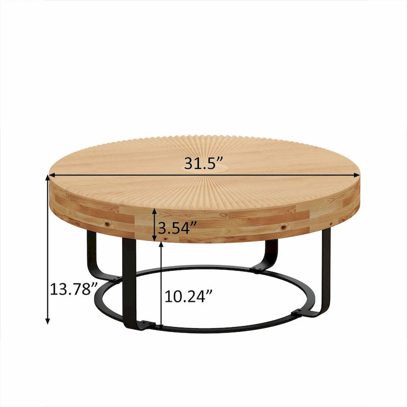 Table basse ronde moderne avec motif de sculpture sur bois et pieds en métal