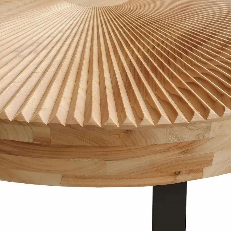 Table basse ronde moderne avec motif de sculpture sur bois et pieds en métal