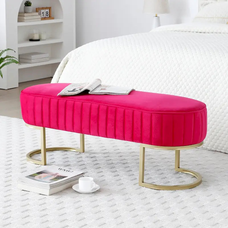 Banc de bout de lit ovale rembourré en velours avec pieds en métal doré, 122 cm