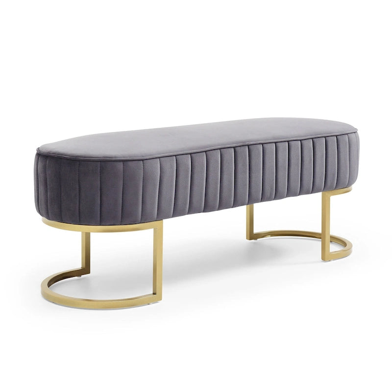 Banc de bout de lit ovale rembourré en velours avec pieds en métal doré, 122 cm