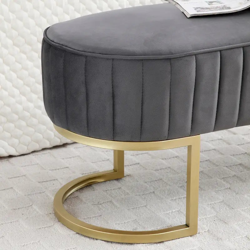 Banc de bout de lit ovale rembourré en velours avec pieds en métal doré, 122 cm