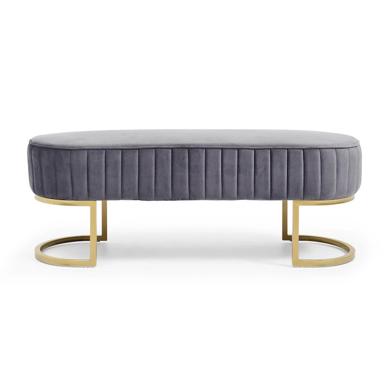 Banc de bout de lit ovale rembourré en velours avec pieds en métal doré, 122 cm