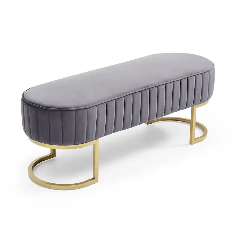 Banc de bout de lit ovale rembourré en velours avec pieds en métal doré, 122 cm