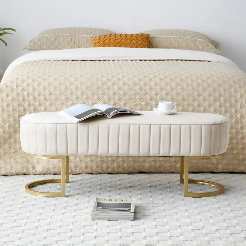 Banc de bout de lit ovale rembourré en velours avec pieds en métal doré, 122 cm