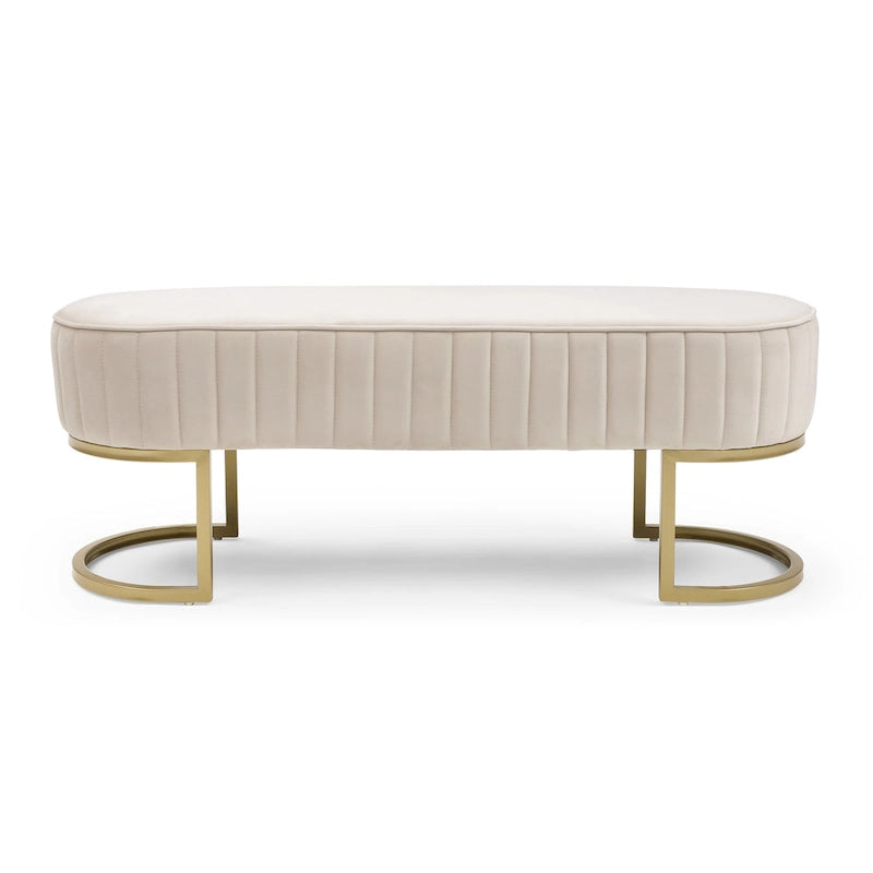 Banc de bout de lit ovale rembourré en velours avec pieds en métal doré, 122 cm