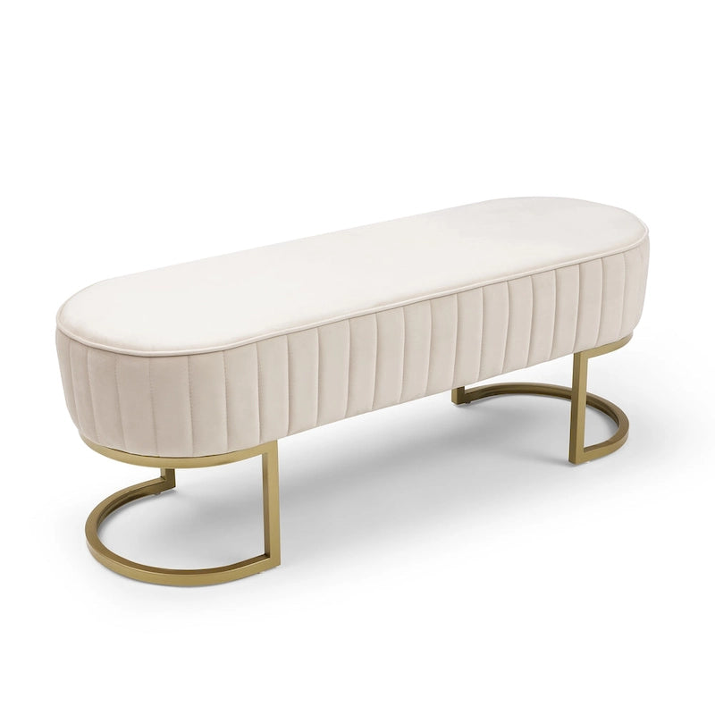 Banc de bout de lit ovale rembourré en velours avec pieds en métal doré, 122 cm