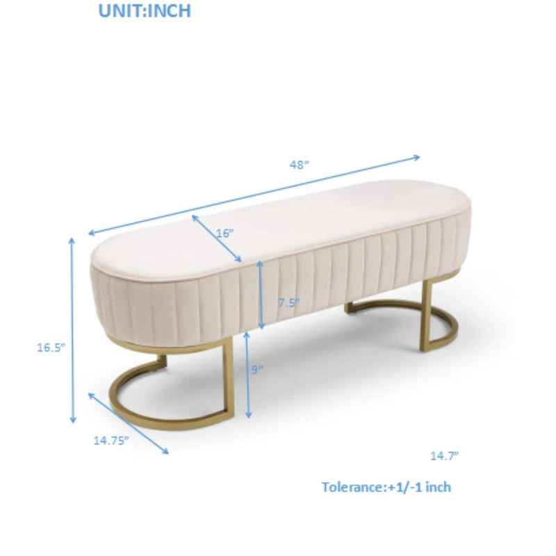 Banc de bout de lit ovale rembourré en velours avec pieds en métal doré, 122 cm