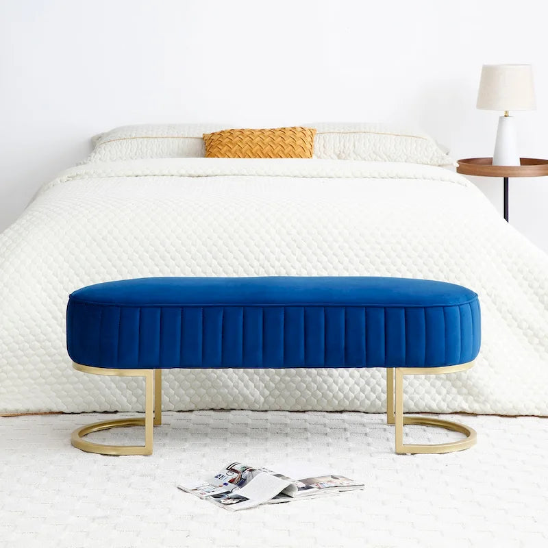 Banc de bout de lit ovale rembourré en velours avec pieds en métal doré, 122 cm