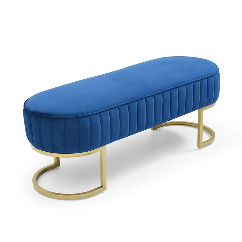 Banc de bout de lit ovale rembourré en velours avec pieds en métal doré, 122 cm
