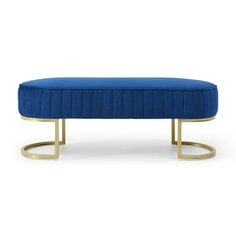 Banc de bout de lit ovale rembourré en velours avec pieds en métal doré, 122 cm