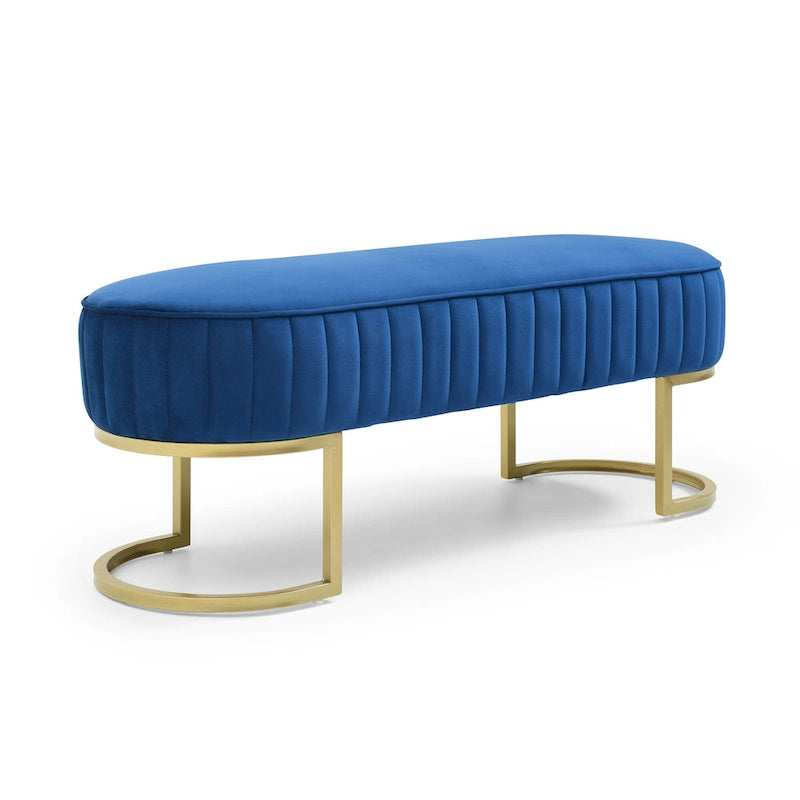 Banc de bout de lit ovale rembourré en velours avec pieds en métal doré, 122 cm