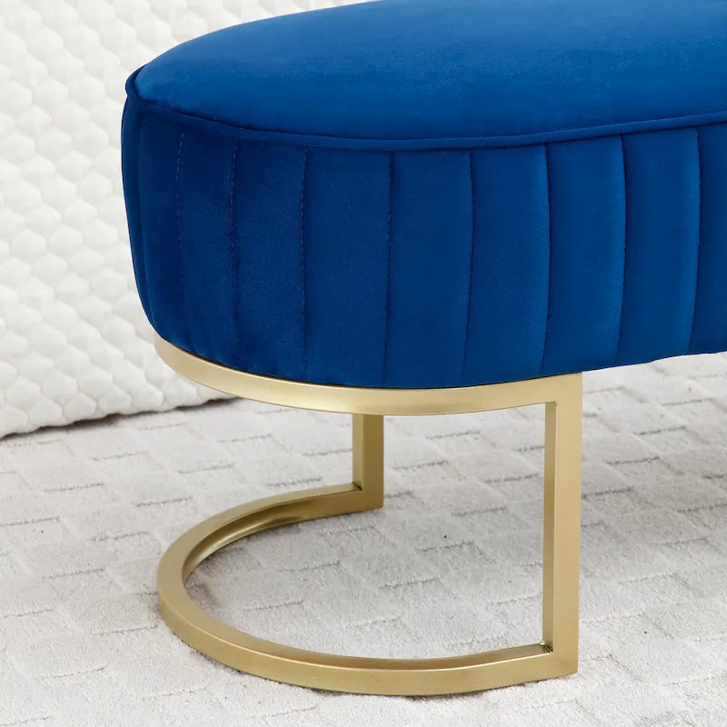Banc de bout de lit ovale rembourré en velours avec pieds en métal doré, 122 cm