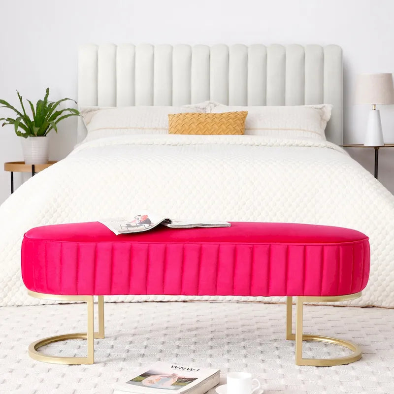 Banc de bout de lit ovale rembourré en velours avec pieds en métal doré, 122 cm