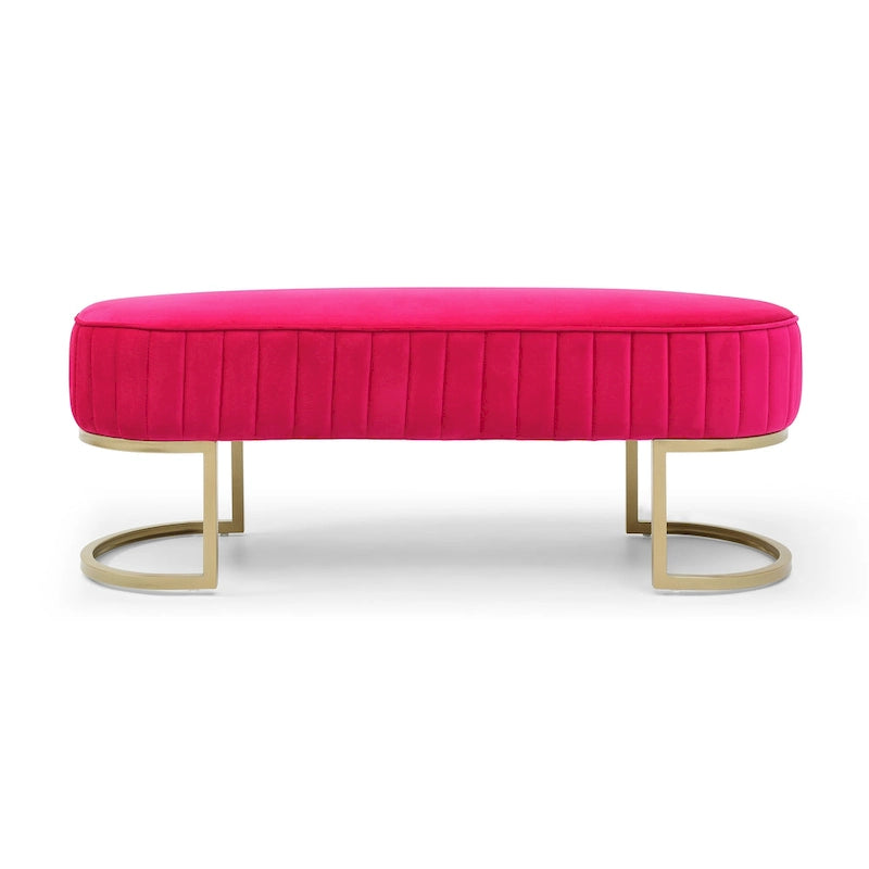 Banc de bout de lit ovale rembourré en velours avec pieds en métal doré, 122 cm