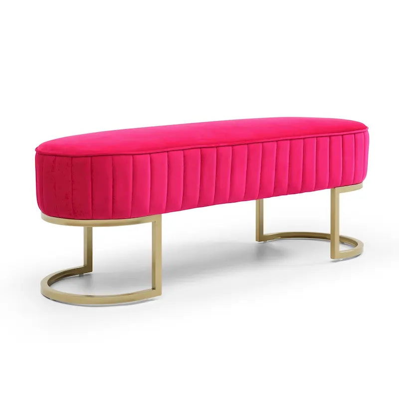 Banc de bout de lit ovale rembourré en velours avec pieds en métal doré, 122 cm