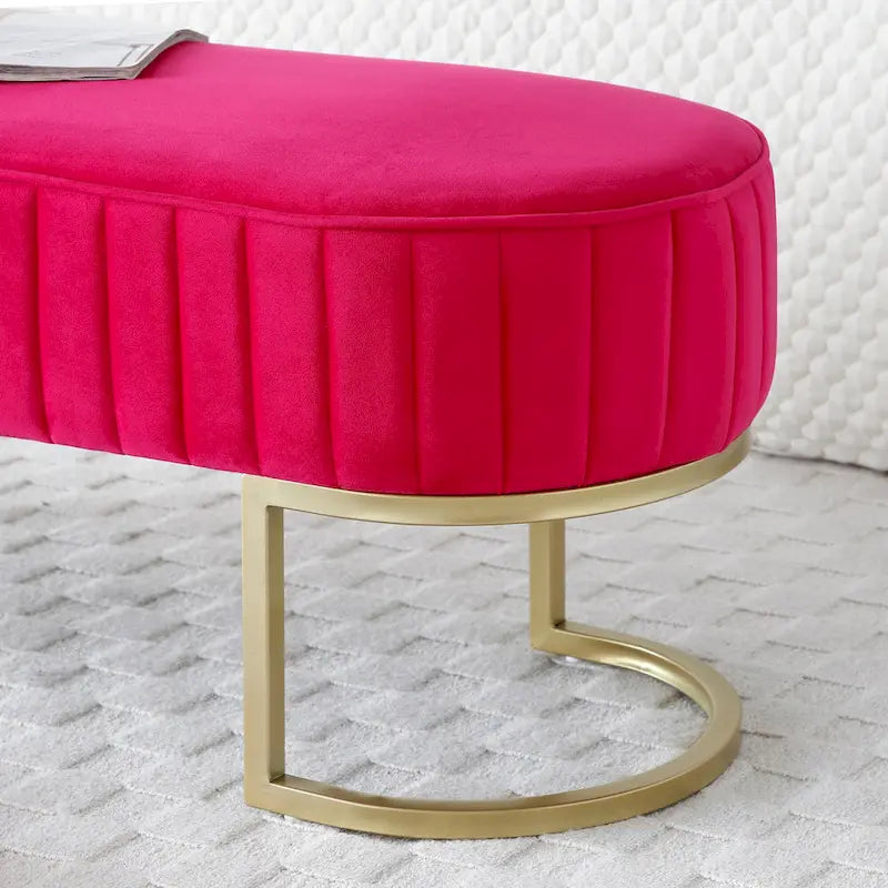 Banc de bout de lit ovale rembourré en velours avec pieds en métal doré, 122 cm