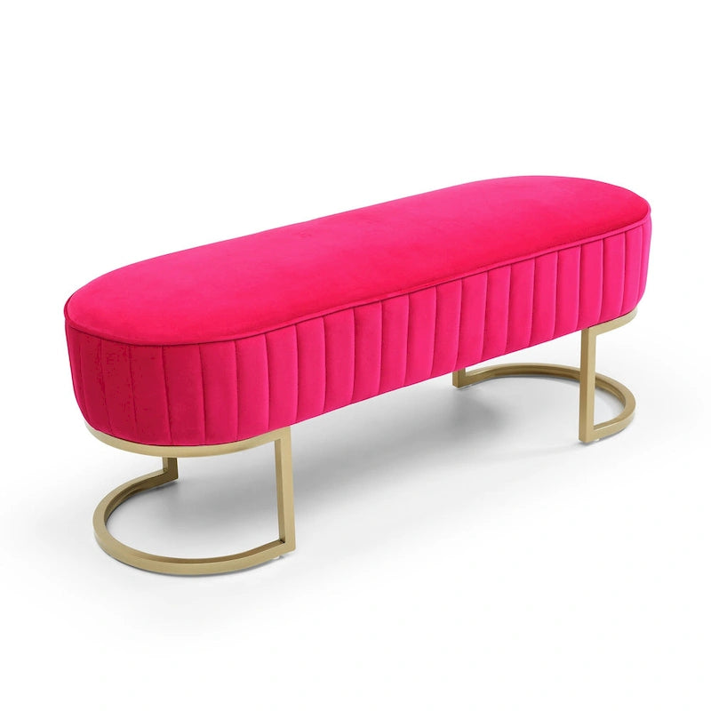 Banc de bout de lit ovale rembourré en velours avec pieds en métal doré, 122 cm